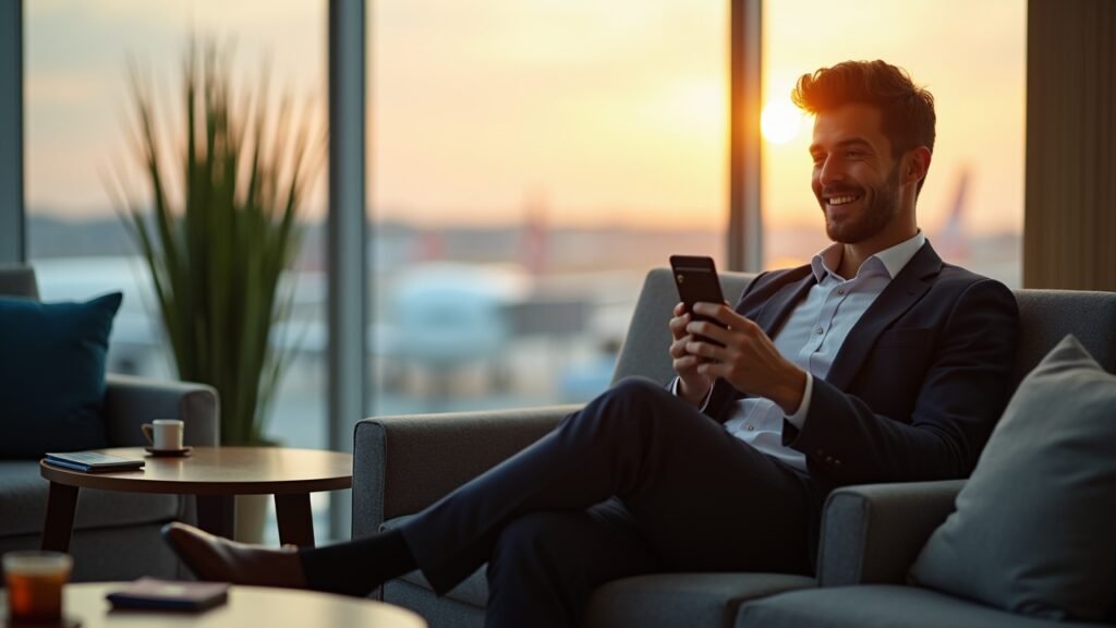 Person at airport using travel credit card benefits