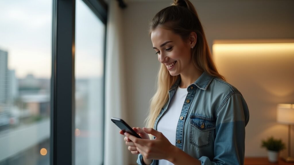 Person checking phone for transfer confirmation