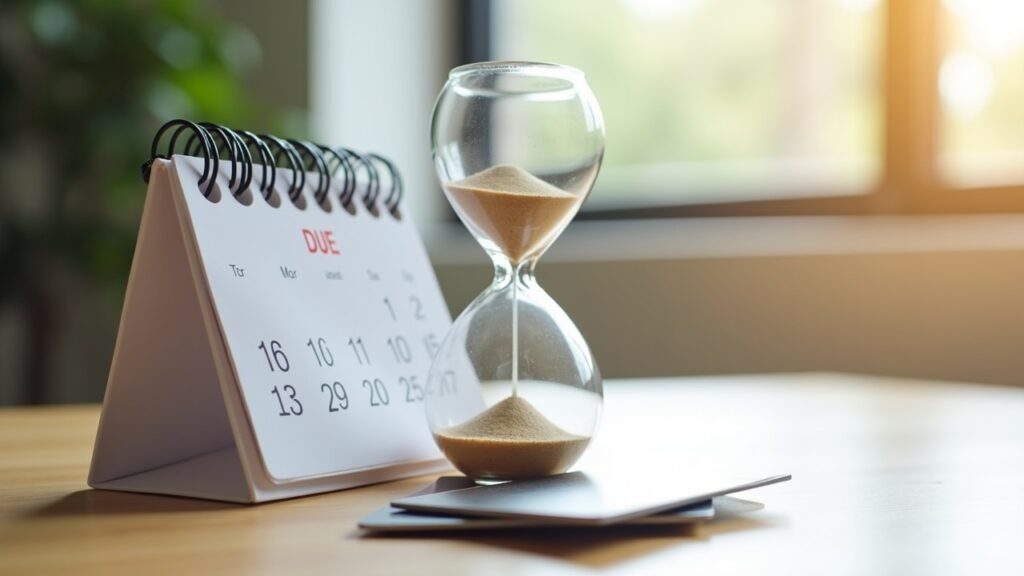 Hourglass next to a credit card and calendar