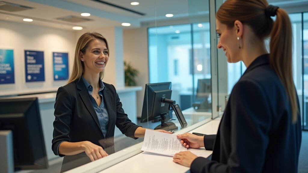 Bank teller window with customer