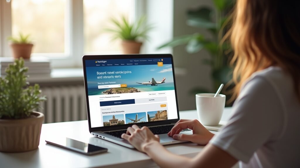 Person booking travel with points on laptop