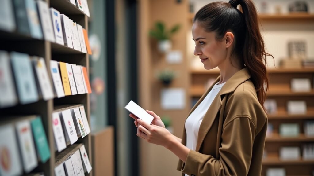Person choosing between two card types at store