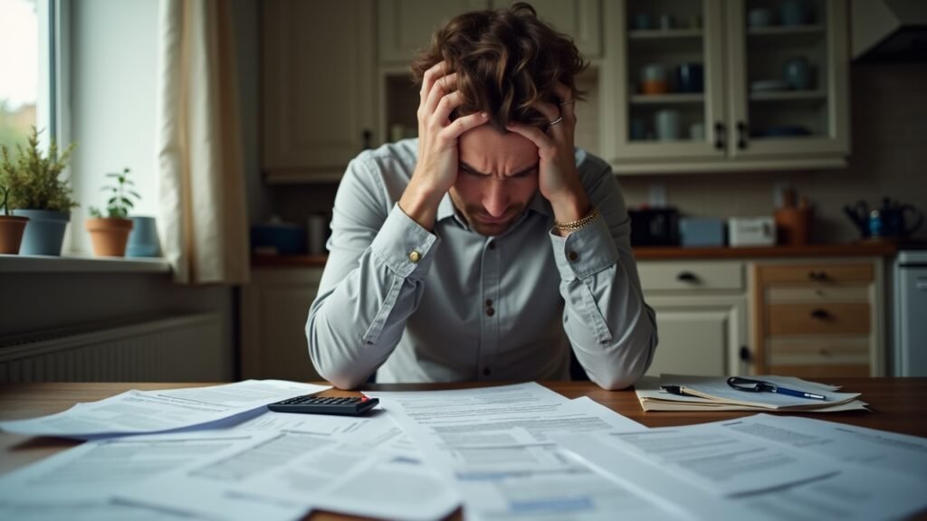 Stressed person looking at credit card bills