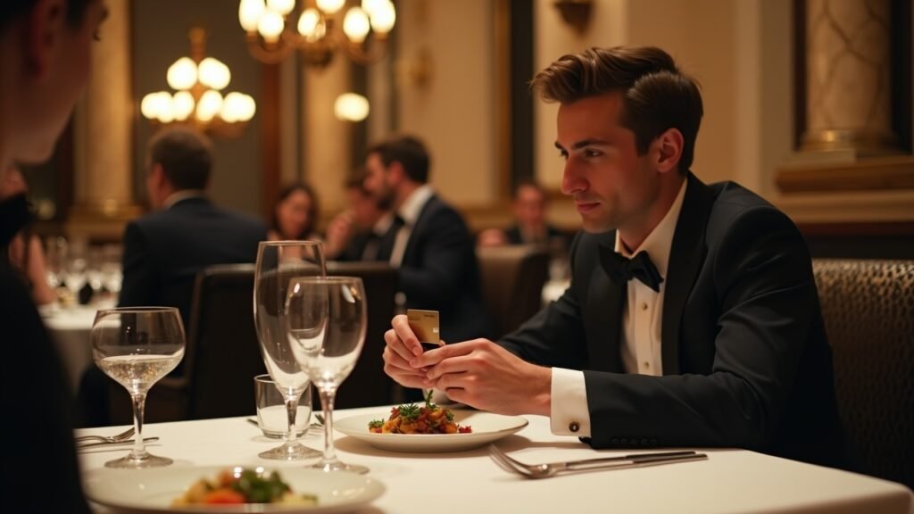 Person choosing credit card at upscale restaurant