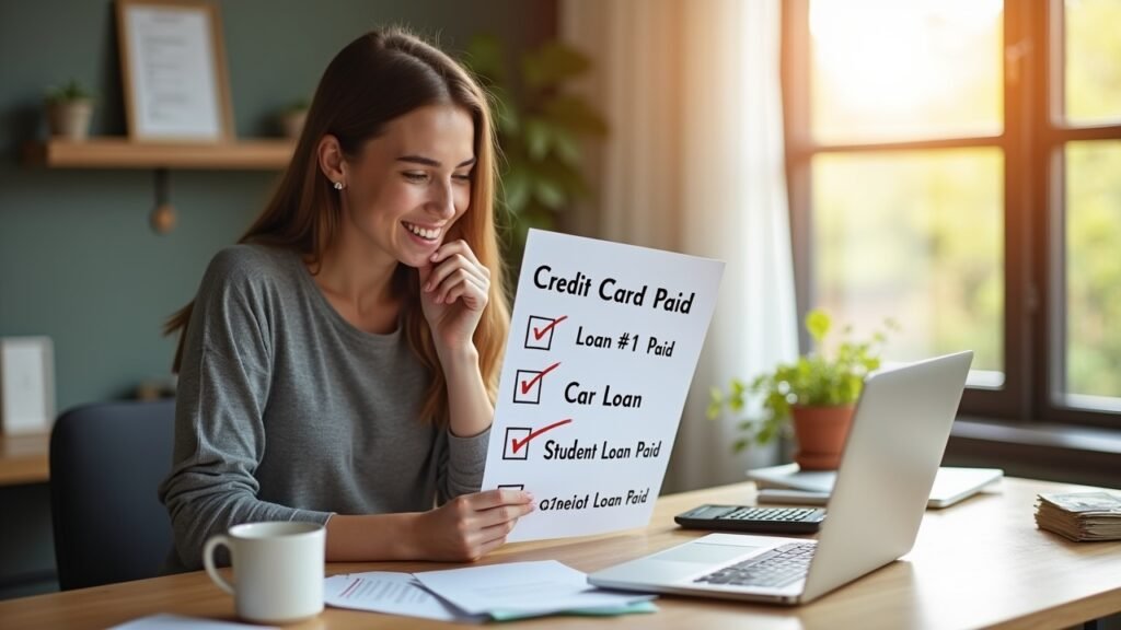 Person crossing off paid debt milestones