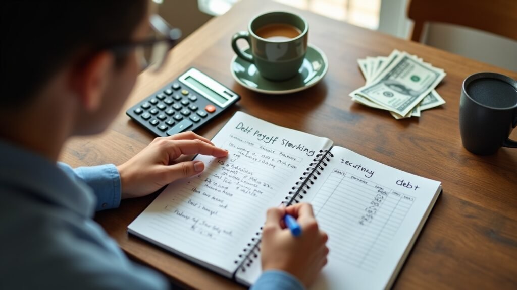 Person writing debt payoff plan in notebook