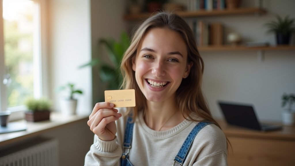 Young adult holding first credit card