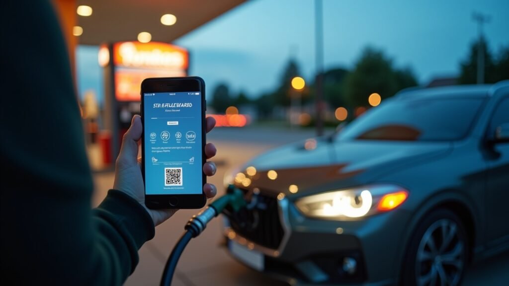 Car at gas station with rewards app open on phone