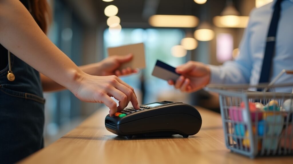 Person hesitating to swipe card at checkout