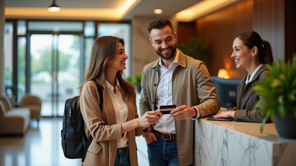 Couple checking into hotel with rewards card