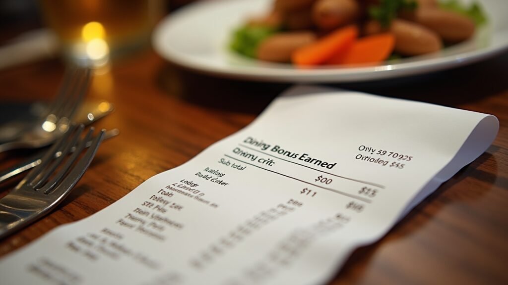 Receipt at restaurant showing dining bonus earned