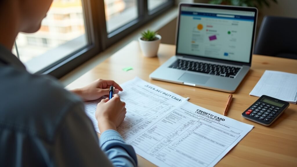 Person comparing fee structures of secured cards