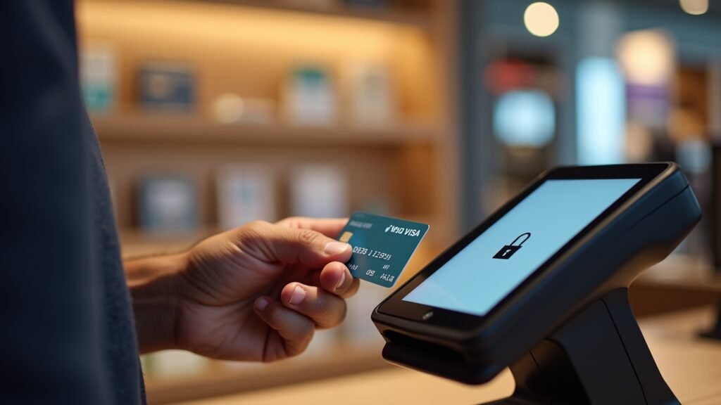 Person using secured card at point of sale terminal