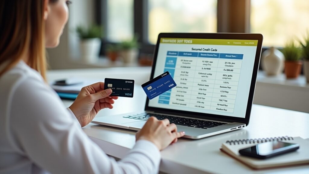 Person comparing secured cards with rewards features