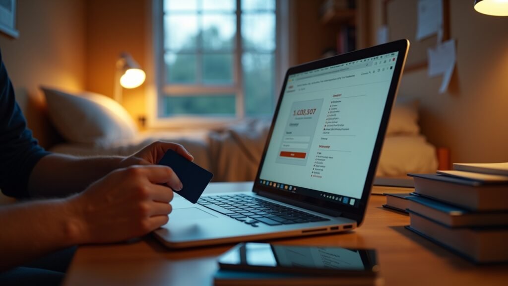 Dorm room with laptop and credit card