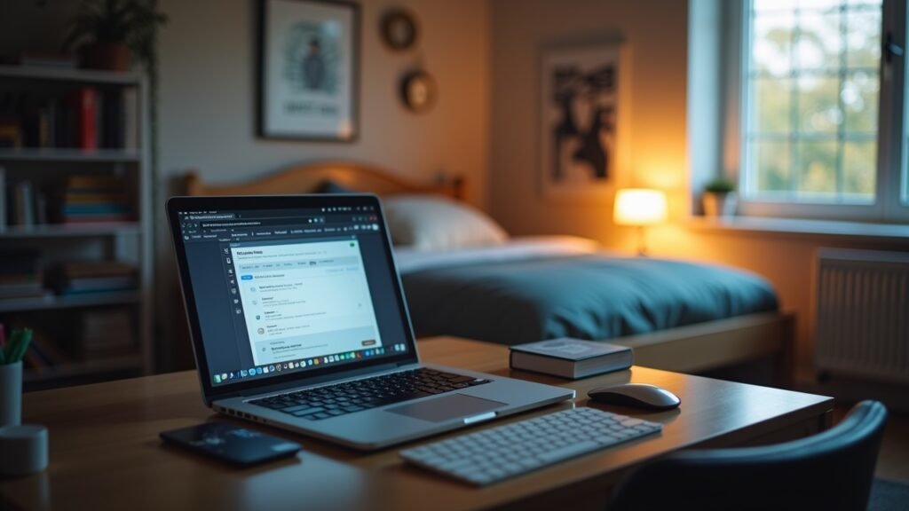 Dorm room with laptop and credit card