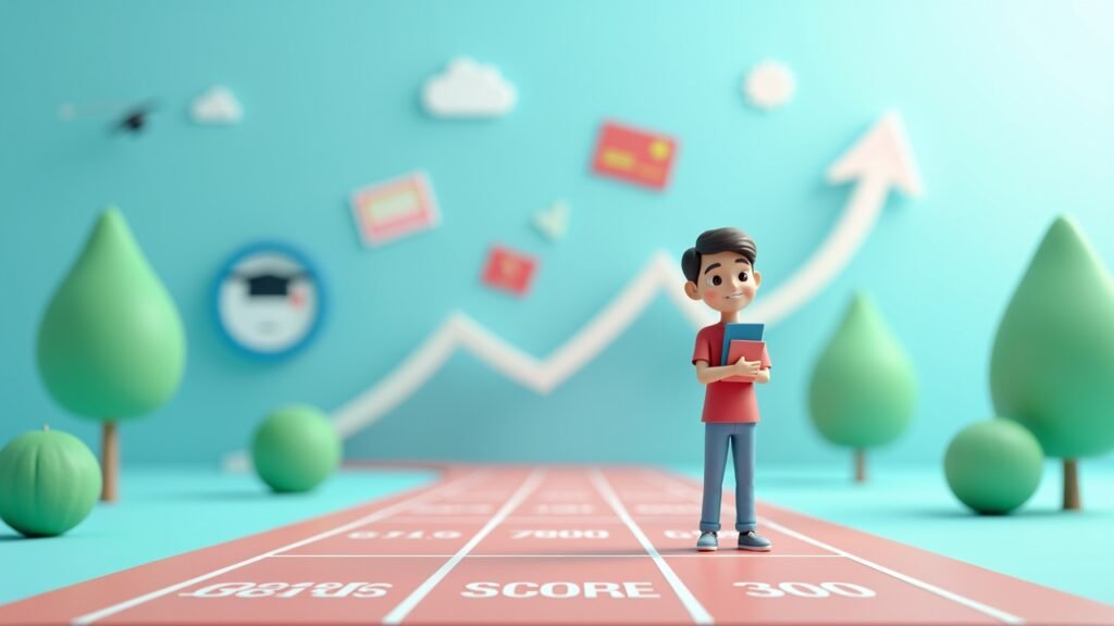 Credit score starting line with student illustration