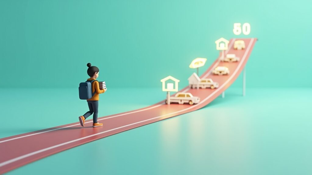 Credit score starting line with student illustration