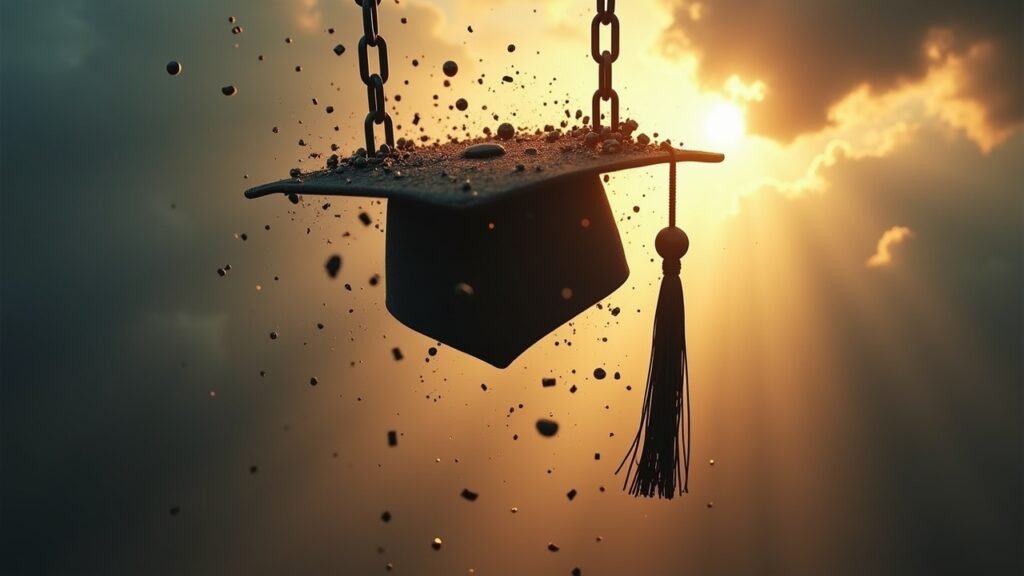 Graduation cap with debt chains breaking
