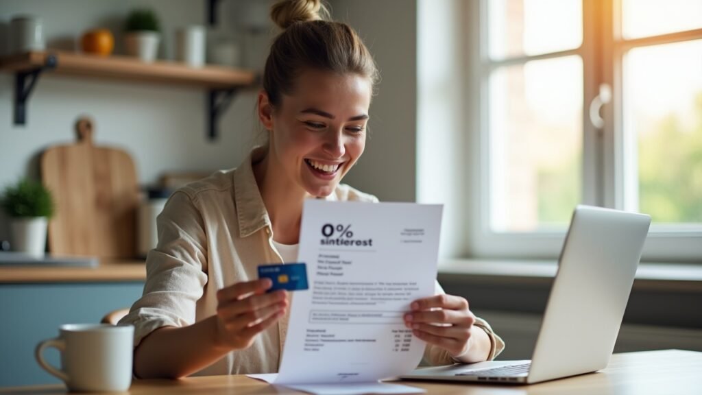 Person smiling at zero-interest credit card statement