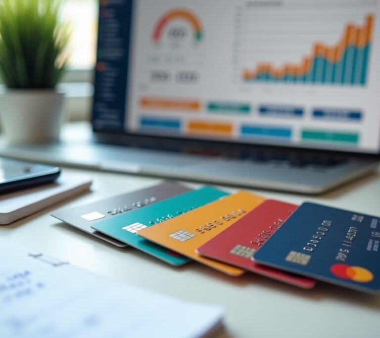 Multiple credit cards fanned out on a table
