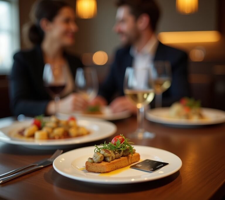Credit card resting on restaurant table setting