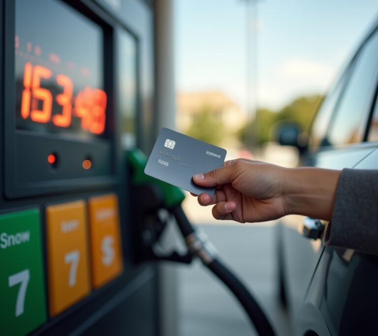 Hand holding credit card at gas station pump