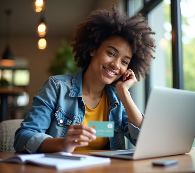 Student holding secured credit card on campus