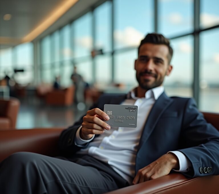 Premium airport lounge with traveler using credit card