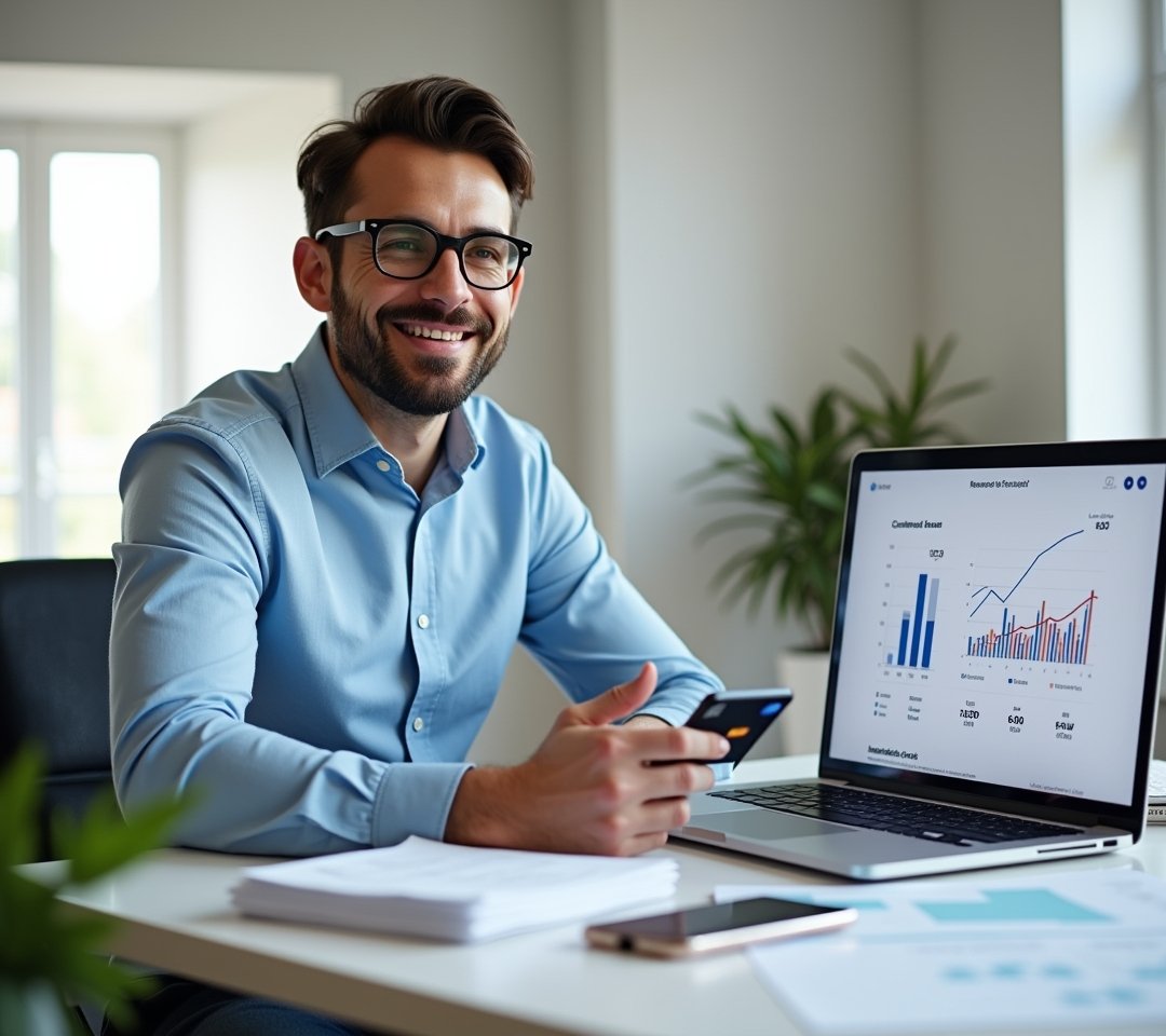 Business owner reviewing expense report and credit card