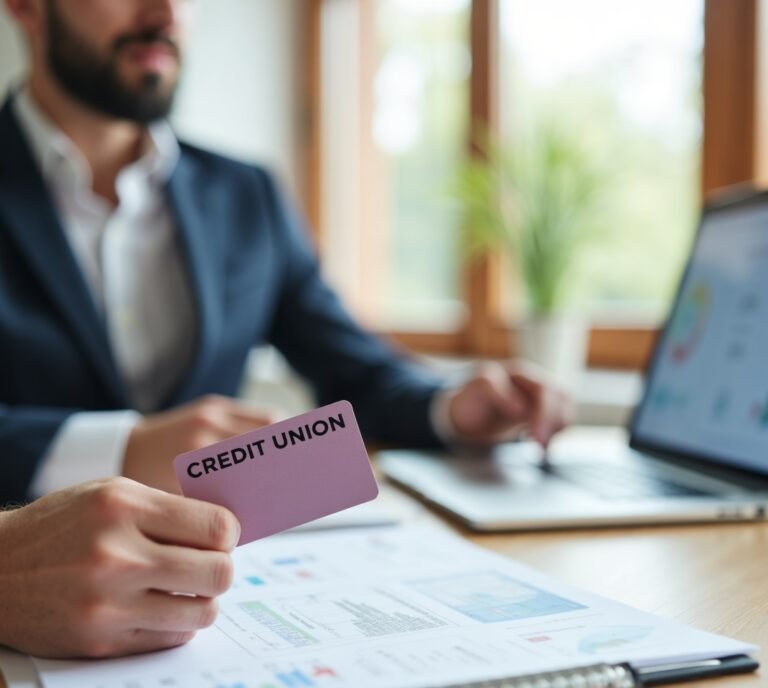 Credit union building exterior with credit card