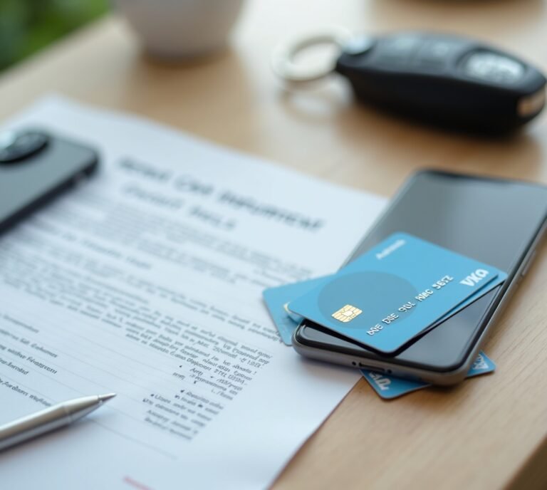 Rental car with credit card in foreground at agency