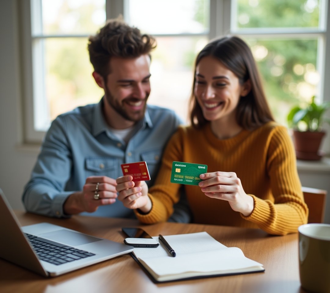 Couple reviewing shared credit card rewards together